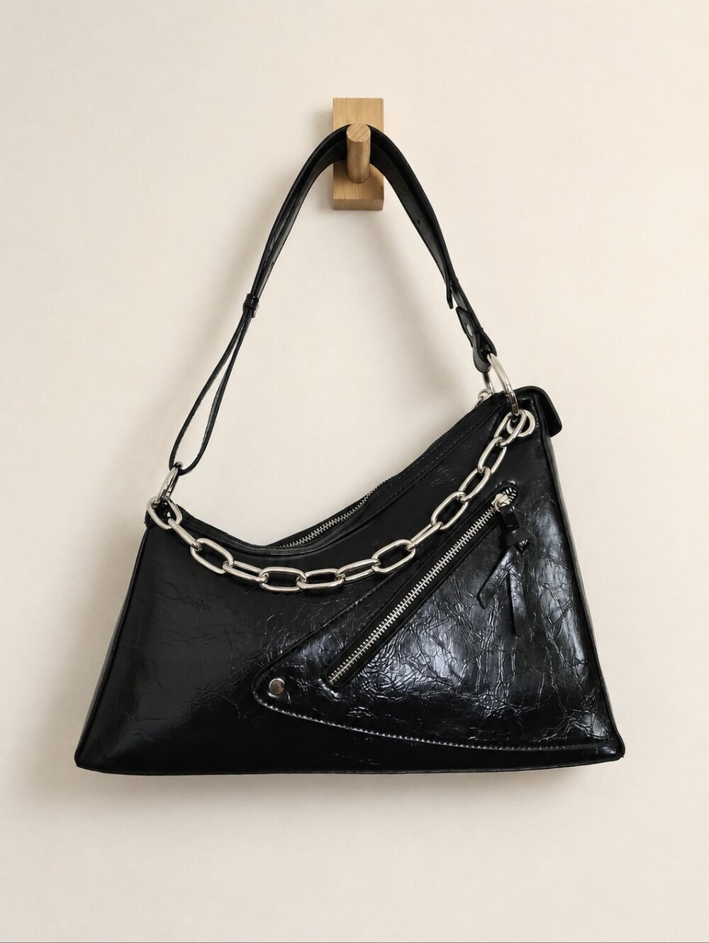 Expressions NYC Black Vegan Leather Y2K MotoChain Asymmetrical Hobo/Shoulder Bag